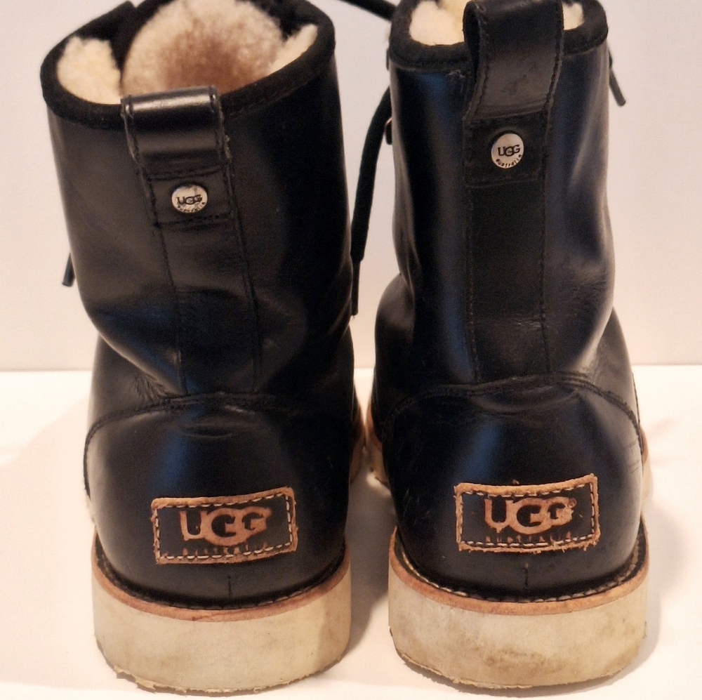 UGG Australia  Black Leather Hannen Boots with Cream Sole